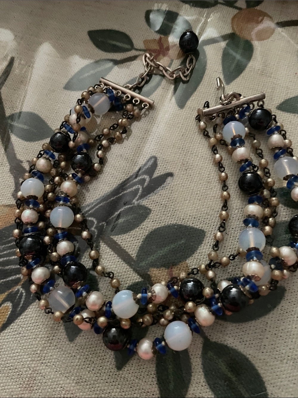 Multistrand Blue and Pearl Beaded Statement Necklace choker